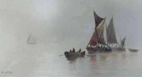 fig 2. An antique oil painting depicting Thames sailing barges and a small rowboat on misty grey water within a gilded wooden frame.