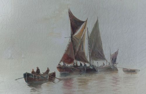 fig 3. An antique oil painting depicting Thames sailing barges and a small rowboat on misty grey water within a gilded wooden frame.