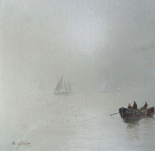 fig 4. An antique oil painting depicting Thames sailing barges and a small rowboat on misty grey water within a gilded wooden frame.