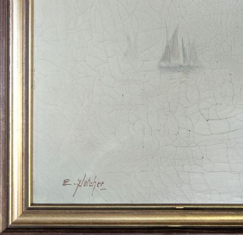 fig 5. An antique oil painting depicting Thames sailing barges and a small rowboat on misty grey water within a gilded wooden frame.