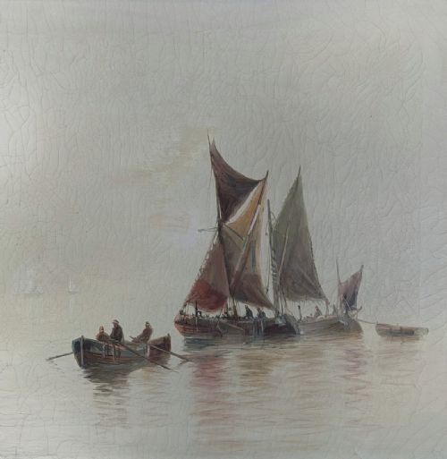fig 6. An antique oil painting depicting Thames sailing barges and a small rowboat on misty grey water within a gilded wooden frame.