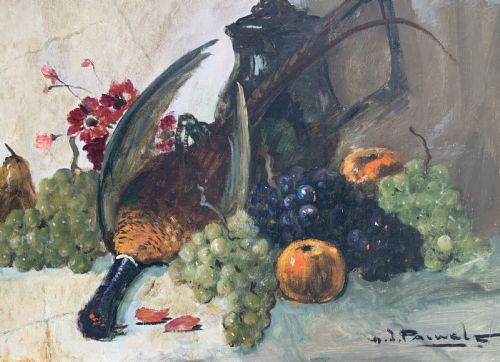 fig 2. An impressionist oil painting depicting a game bird surrounded by grapes, pears, apples, and a dark pitcher set within a moulded wood frame.