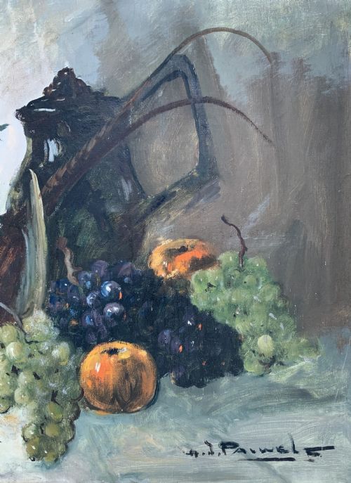 fig 4. An impressionist oil painting depicting a game bird surrounded by grapes, pears, apples, and a dark pitcher set within a moulded wood frame.