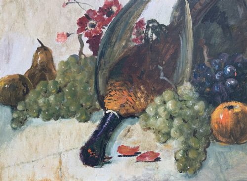 fig 6. An impressionist oil painting depicting a game bird surrounded by grapes, pears, apples, and a dark pitcher set within a moulded wood frame.
