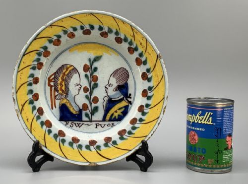 fig 1. 18thC Dutch Delft Prince William of Orange & Wife Polychrome Charger Plate Dish