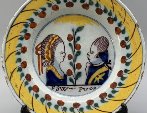 fig 2. 18thC Dutch Delft Prince William of Orange & Wife Polychrome Charger Plate Dish