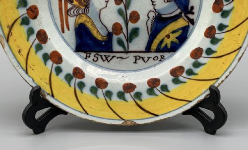 fig 3. 18thC Dutch Delft Prince William of Orange & Wife Polychrome Charger Plate Dish