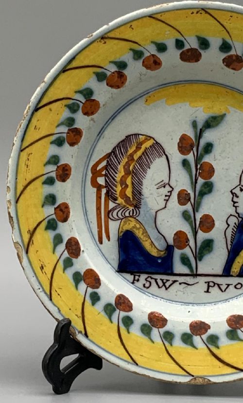fig 5. 18thC Dutch Delft Prince William of Orange & Wife Polychrome Charger Plate Dish