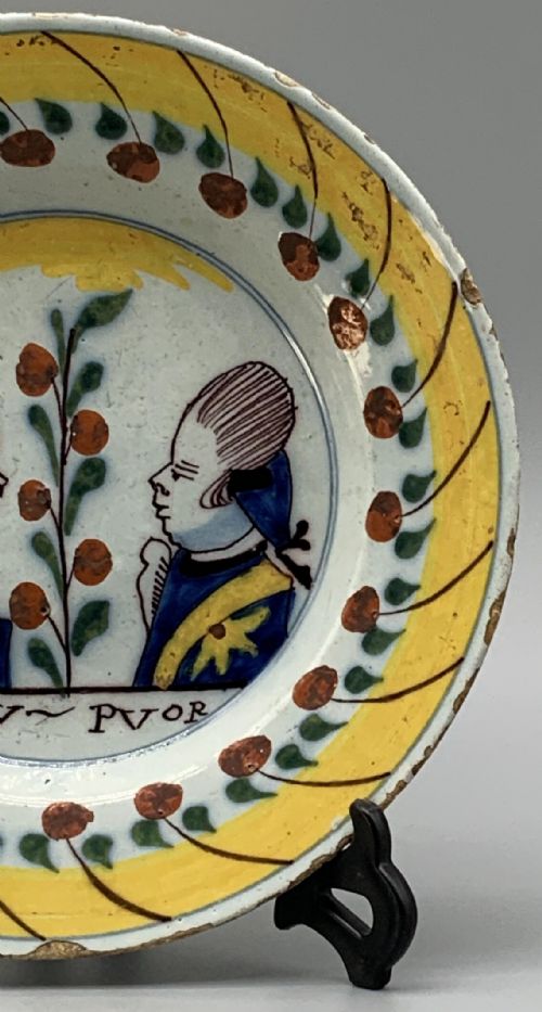 fig 6. 18thC Dutch Delft Prince William of Orange & Wife Polychrome Charger Plate Dish