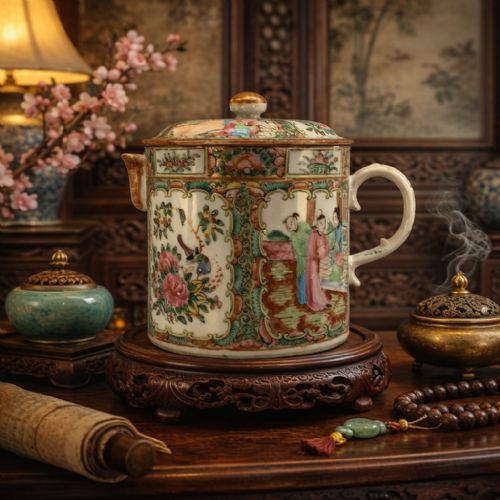 fig 1. A 19th-century Chinese export porcelain barrel-form coffee pot with cover, decorated with famille rose enamel figural reserves and floral patterns.