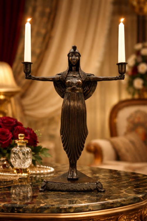 fig 1. A patinated bronze Egyptian Revival candelabra featuring a female figure with outstretched arms holding two candle sockets, standing on a decorated triangular base.