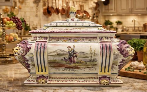 fig 1. An antique French faience covered soup tureen featuring hand-painted pastoral scenes in manganese purple, moulded lion mask side handles, and a stepped lid with a finial.