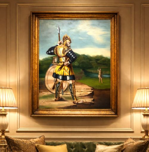 fig 1. An antique framed oil painting depicting Goliath clad in ornate gold and blue armour holding a spear, with David standing across a stream in the background.