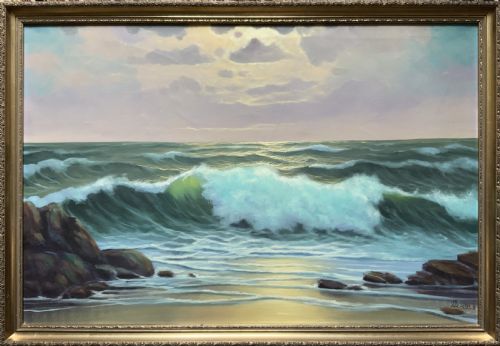 Seascape Oil Painting Mid-century Vintage Crashing Waves Moonlit Signed Original