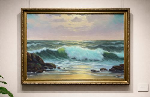 fig 1. Seascape Oil Painting Mid-Century Vintage Crashing Waves Moonlit Signed Original