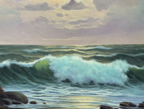 fig 3. Seascape Oil Painting Mid-Century Vintage Crashing Waves Moonlit Signed Original