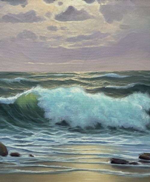 fig 5. Seascape Oil Painting Mid-Century Vintage Crashing Waves Moonlit Signed Original