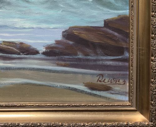 fig 6. Seascape Oil Painting Mid-Century Vintage Crashing Waves Moonlit Signed Original