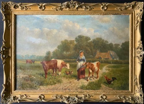 fig 1. A 19th-century Victorian oil painting depicting a milkmaid leading a calf along a dirt path beside cattle and poultry in a pastoral landscape.