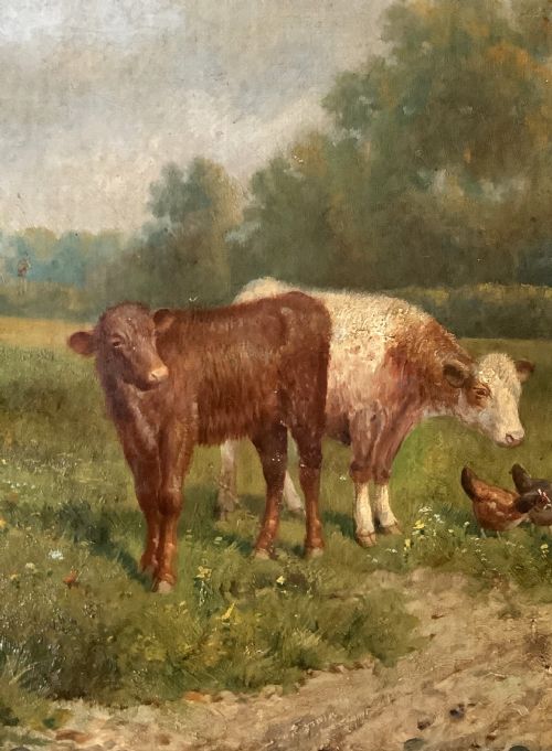 fig 2. A 19th-century Victorian oil painting depicting a milkmaid leading a calf along a dirt path beside cattle and poultry in a pastoral landscape.