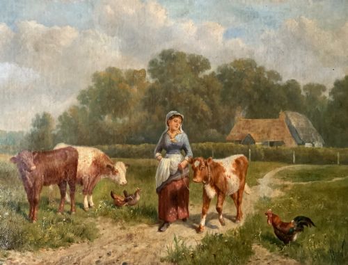 fig 3. A 19th-century Victorian oil painting depicting a milkmaid leading a calf along a dirt path beside cattle and poultry in a pastoral landscape.