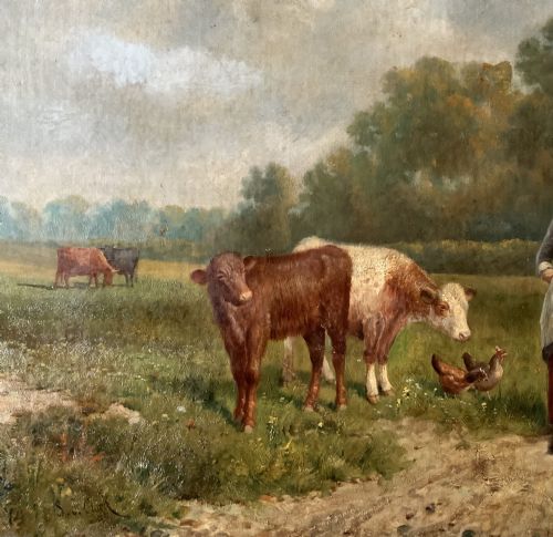 fig 4. A 19th-century Victorian oil painting depicting a milkmaid leading a calf along a dirt path beside cattle and poultry in a pastoral landscape.