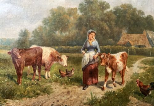 fig 5. A 19th-century Victorian oil painting depicting a milkmaid leading a calf along a dirt path beside cattle and poultry in a pastoral landscape.