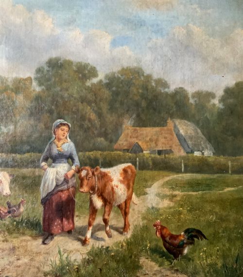 fig 6. A 19th-century Victorian oil painting depicting a milkmaid leading a calf along a dirt path beside cattle and poultry in a pastoral landscape.