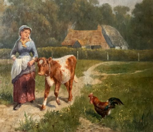 fig 7. A 19th-century Victorian oil painting depicting a milkmaid leading a calf along a dirt path beside cattle and poultry in a pastoral landscape.