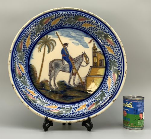 fig 1. Huge 18th-Century Spanish Majolica Talavera Polychrome Horse & Rider Charger Plate