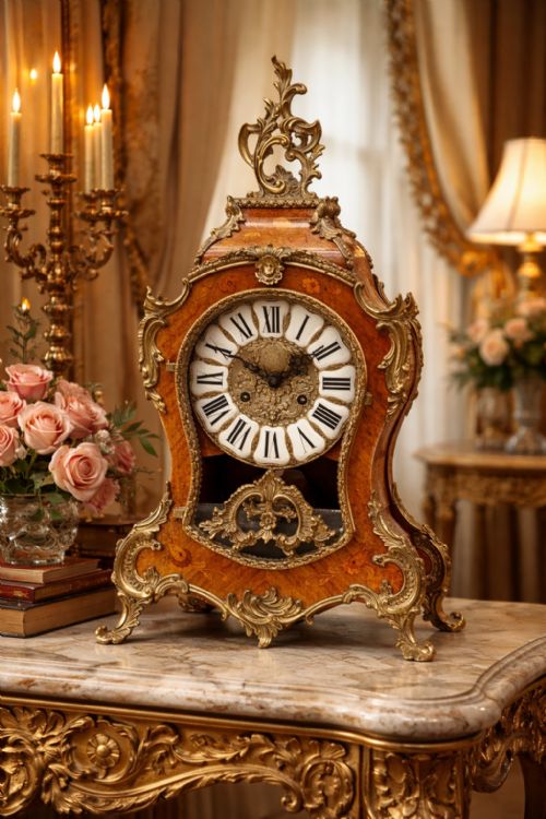 fig 1. Large Marquetry Mantel Clock 18thC Boulle Style Mid-Century 8-day Bim-Bam Chime