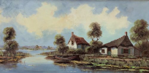 fig 1. A horizontal mid-century impressionist oil painting depicting a river scene with cottages along the bank under a cloud-filled sky, set within a light-coloured frame.