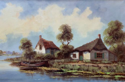 fig 2. A horizontal mid-century impressionist oil painting depicting a river scene with cottages along the bank under a cloud-filled sky, set within a light-coloured frame.