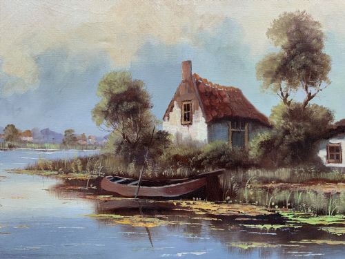 fig 4. A horizontal mid-century impressionist oil painting depicting a river scene with cottages along the bank under a cloud-filled sky, set within a light-coloured frame.