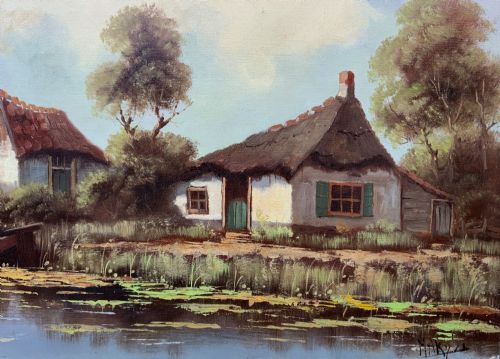 fig 5. A horizontal mid-century impressionist oil painting depicting a river scene with cottages along the bank under a cloud-filled sky, set within a light-coloured frame.
