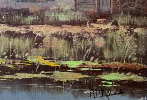 fig 6. A horizontal mid-century impressionist oil painting depicting a river scene with cottages along the bank under a cloud-filled sky, set within a light-coloured frame.
