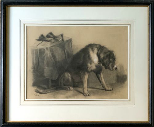 fig 1. A framed monochrome charcoal drawing of a dog seated beside a draped table with a hat and walking stick resting on top.