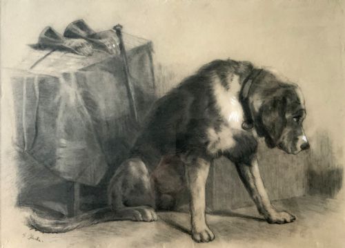 fig 2. A framed monochrome charcoal drawing of a dog seated beside a draped table with a hat and walking stick resting on top.