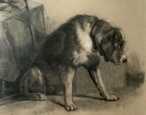 fig 3. A framed monochrome charcoal drawing of a dog seated beside a draped table with a hat and walking stick resting on top.