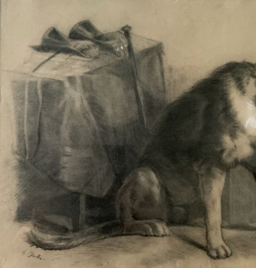 fig 4. A framed monochrome charcoal drawing of a dog seated beside a draped table with a hat and walking stick resting on top.