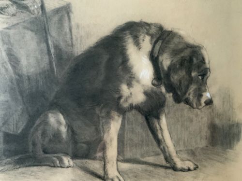 fig 5. A framed monochrome charcoal drawing of a dog seated beside a draped table with a hat and walking stick resting on top.