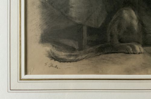 fig 6. A framed monochrome charcoal drawing of a dog seated beside a draped table with a hat and walking stick resting on top.