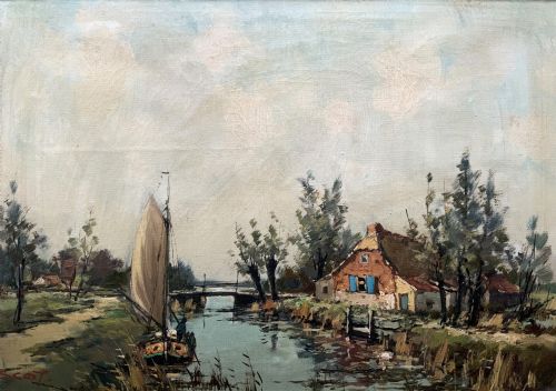 fig 1. An impressionist oil painting depicting a river scene with a sailboat, a cottage with blue shutters, and trees set in an ornate carved light cream frame.