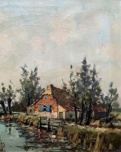 fig 2. An impressionist oil painting depicting a river scene with a sailboat, a cottage with blue shutters, and trees set in an ornate carved light cream frame.