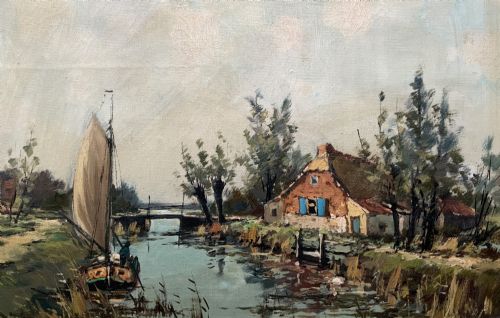 fig 3. An impressionist oil painting depicting a river scene with a sailboat, a cottage with blue shutters, and trees set in an ornate carved light cream frame.