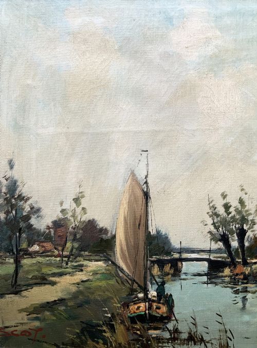 fig 5. An impressionist oil painting depicting a river scene with a sailboat, a cottage with blue shutters, and trees set in an ornate carved light cream frame.