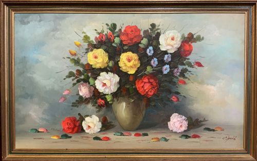 fig 1. A horizontal framed oil painting on canvas depicting a colourful bouquet of roses and garden flowers in a vase against a blue-grey background.