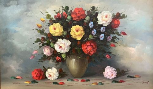 fig 2. A horizontal framed oil painting on canvas depicting a colourful bouquet of roses and garden flowers in a vase against a blue-grey background.