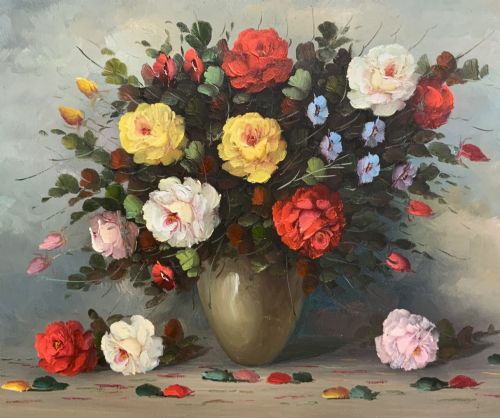 fig 3. A horizontal framed oil painting on canvas depicting a colourful bouquet of roses and garden flowers in a vase against a blue-grey background.