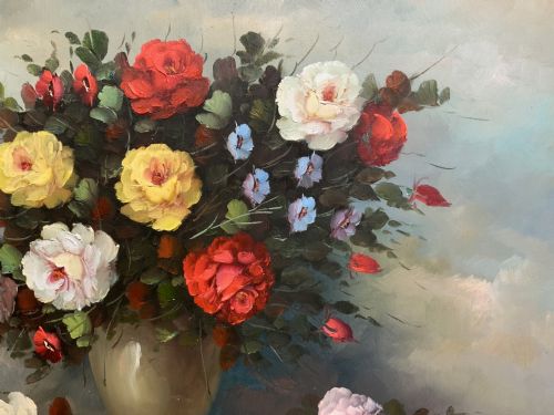 fig 4. A horizontal framed oil painting on canvas depicting a colourful bouquet of roses and garden flowers in a vase against a blue-grey background.